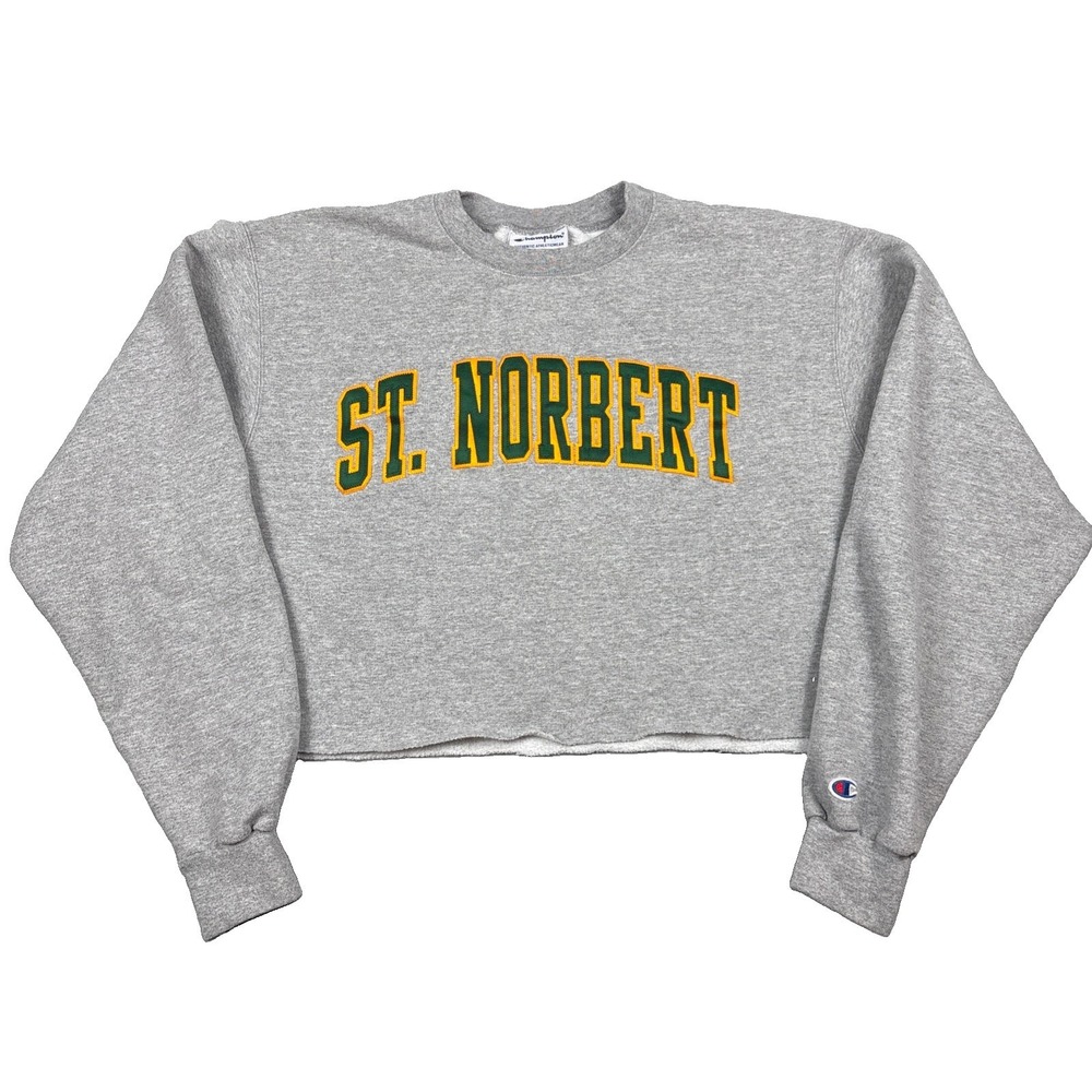 Champion St. Norbert Green Knights Gray Crewneck Mid Cut Off Sweatshirt Size L
